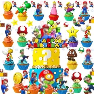 25Pcs Super Mario Cake Decorations with 24pcs Cupcake 1 Big Cake Topper